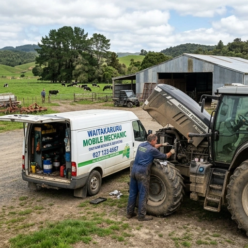 Mobile mechanic van ready for service on a rural property near Rangiriri, New Zealand