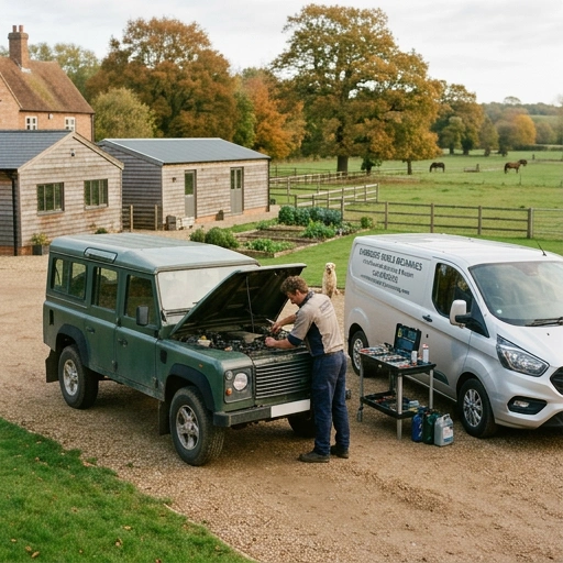 Mobile mechanic servicing vehicle parked on a lifestyle block driveway near white equestrian fencing typical of Cambridge area