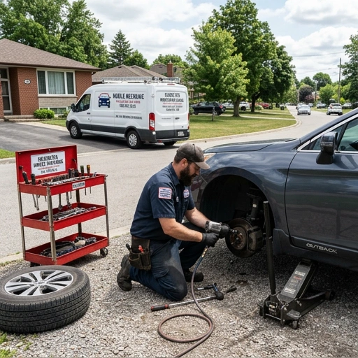 Mobile mechanic working on car in Hamilton driveway with Oil Pro branding