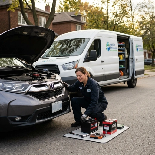 Mobile mechanic performing battery replacement on a car in Hamilton