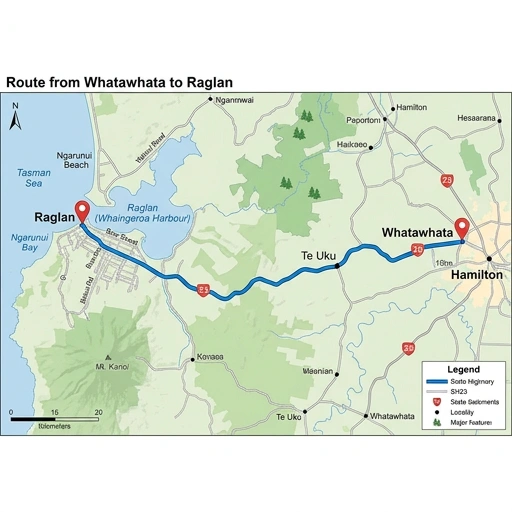 Map showing route from Māngere Auckland to Whatawhata and Raglan highlighting service area