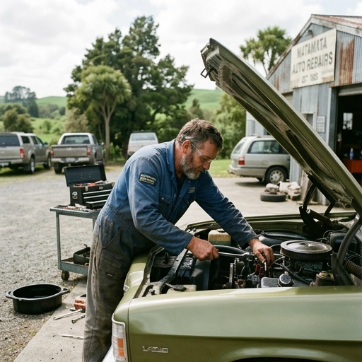 Mobile mechanic servicing a car outdoors on a rural Matamata property with green hills