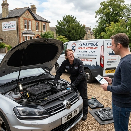 Mobile mechanic communicating with client on a smartphone at Cambridge lifestyle block driveway