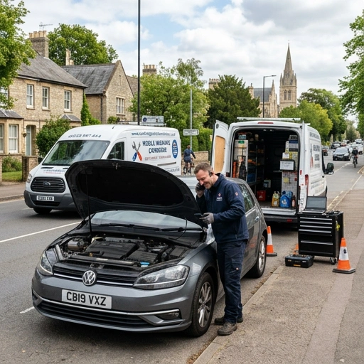 Mobile mechanic van parked on a rural driveway in Cambridge with white equestrian fencing