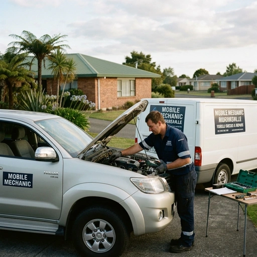 Mobile mechanic performing vehicle diagnostic check on farm ute in Morrinsville