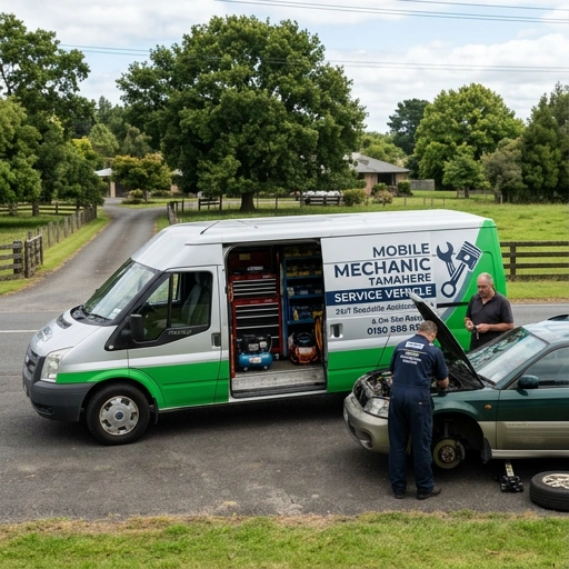Mobile mechanic service van parked at a residential driveway in Port Waikato