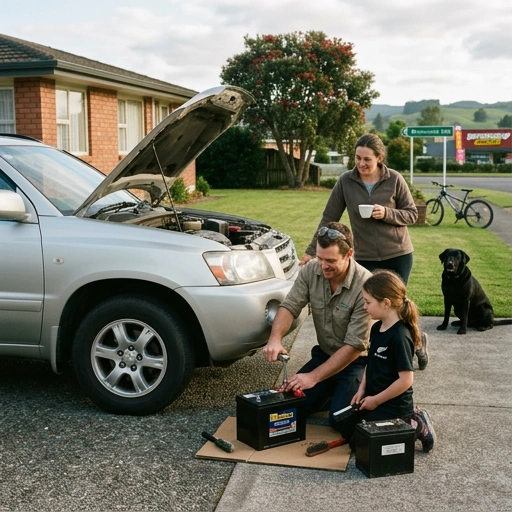 Mechanic replacing a car battery on a family vehicle in Morrinsville driveway
