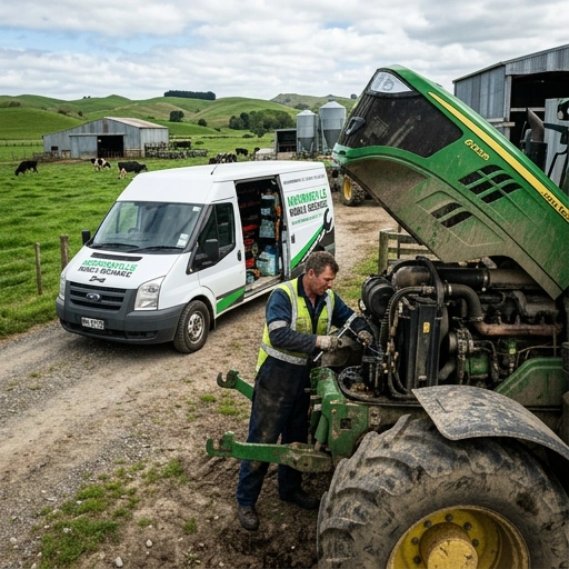 Mobile mechanic working on a ute on a Morrinsville dairy farm with green pastures