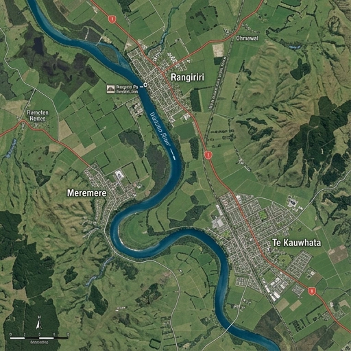 Map highlighting Rangiriri, Meremere, and Te Kauwhata locations along SH1 in New Zealand