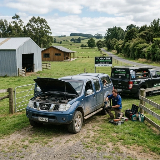 Ute receiving mobile mechanic brake repair on a rural driveway in Tamahere