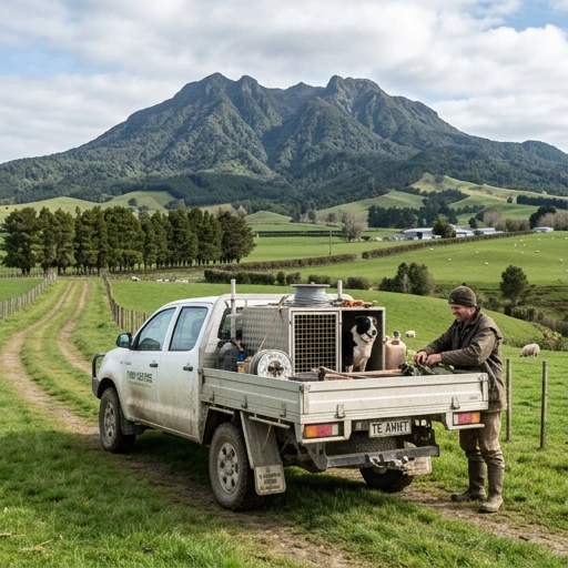 Mobile mechanic servicing a farm ute on a dairy farm driveway with Mount Pirongia in the background