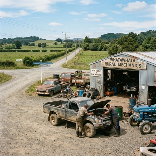 Mobile mechanic parked at a rural crossroads property near Whatawhata with Waikato farmland and hills in the background