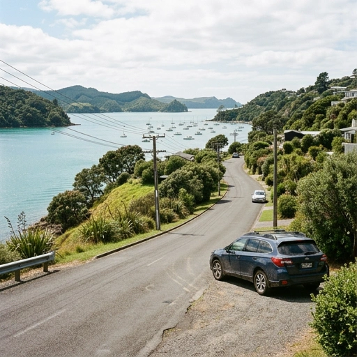 Small car parked on a quiet residential street in Algies Bay, New Zealand