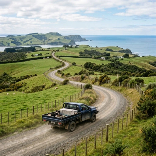 Rural road on Āwhitu Peninsula with a farm ute parked by the roadside