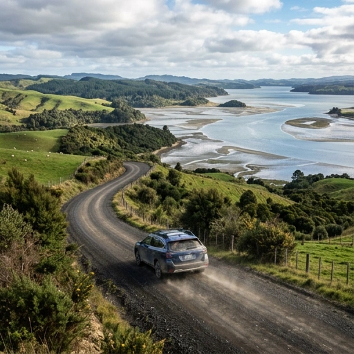 A vehicle driving on a gravel road near Kaipara Harbour rural area