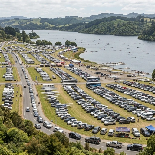 Vehicles and trailers parked near Lake Karapiro during a sporting event