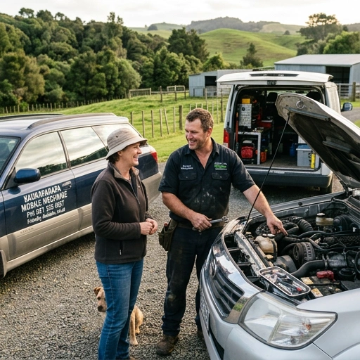 Mobile mechanic discussing car repairs with a customer on a rural Kaukapakapa property