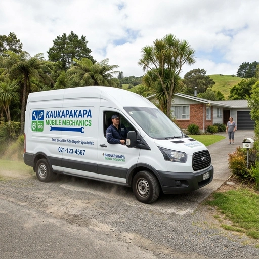 Mobile mechanic van arriving at a rural Kaukapakapa property for car servicing