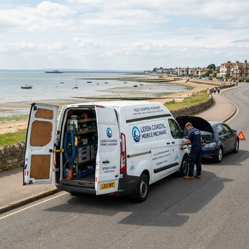 Mobile mechanic van parked near Leigh coastal village with fishing boats