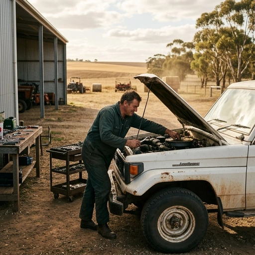 Mobile mechanic working under the bonnet of a farm ute on a rural driveway in Aka Aka