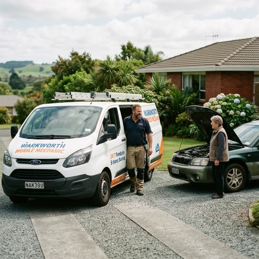 Mobile mechanic arriving in a branded van at a Warkworth home