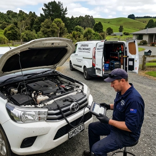 Mechanic using diagnostic tools on a ute at a rural Aka Aka farm driveway