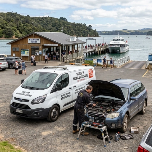Mobile mechanic providing service near Sandspit ferry terminal with boats in background