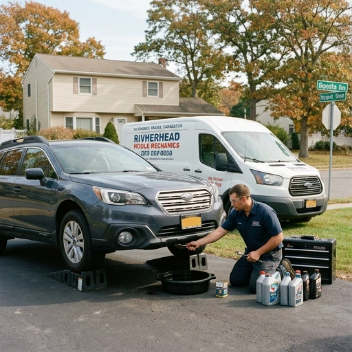 Mobile mechanic performing synthetic oil change on a car in a Riverhead driveway