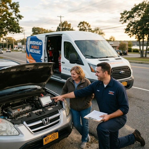 Mobile mechanic technician smiling and talking to a customer in a Riverhead driveway