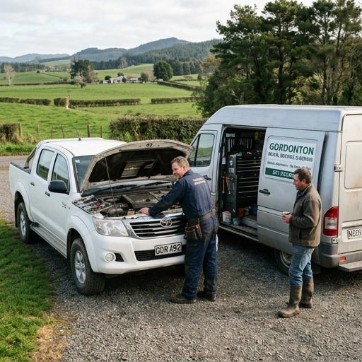 Mobile mechanic working on a car parked on a rural driveway in Waimauku