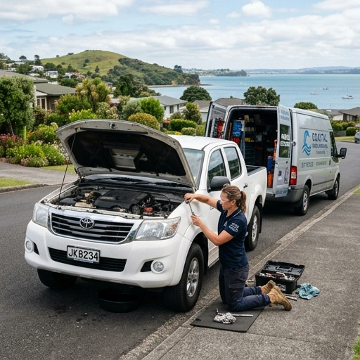 Mobile mechanic servicing a car in a driveway at Stanmore Bay