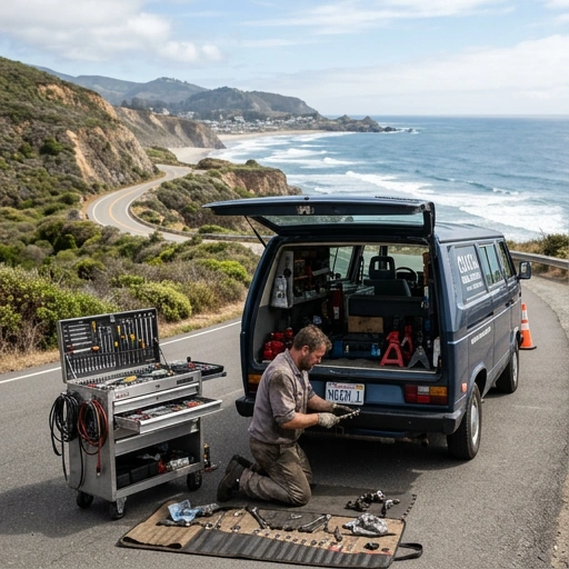 Mobile mechanic van parked near Sandspit coastline with ferry terminal in view