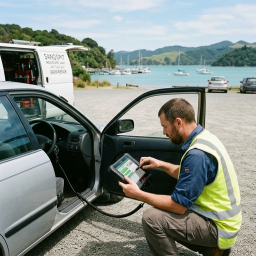 Mobile mechanic using vehicle diagnostic tool on a car in Sandspit