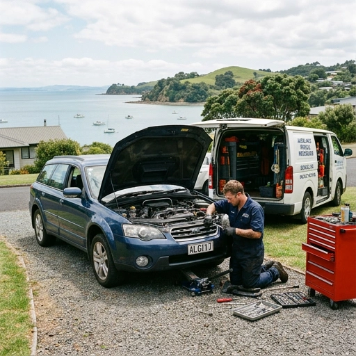 Mobile mechanic performing oil change on a vehicle in a residential driveway in Algies Bay