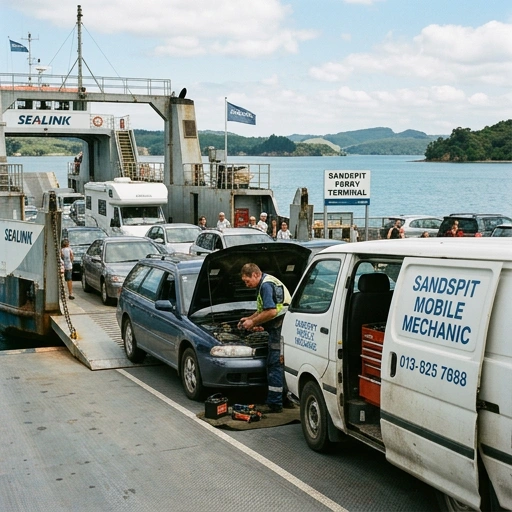 Mobile mechanic servicing a car in Sandspit ferry car park near Kawau Island ferry terminal