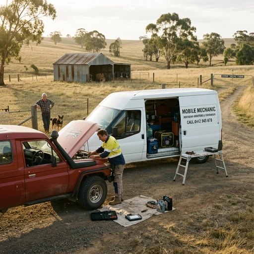 Mobile mechanic working on a car parked near a rural Newstead property with Hamilton Airport in the distant sky