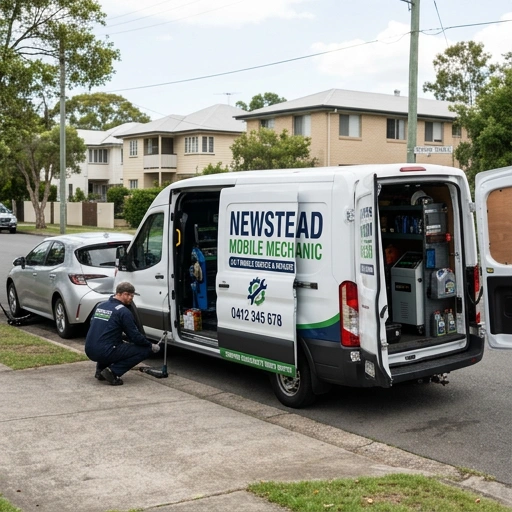 Mobile mechanic service vehicle parked near Newstead with rural landscape and Hamilton Airport in the distance