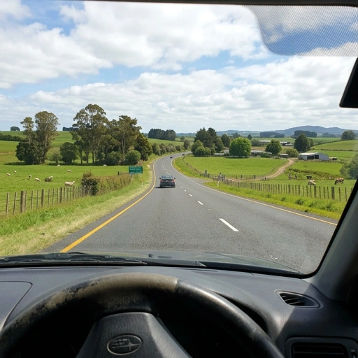 Scenic driving view along SH3 near Ōhaupō with farmland and rural landscape