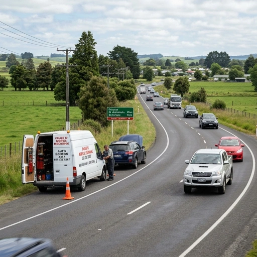 Busy SH3 traffic near Ōhaupō with a mobile mechanic van ready for emergency call-out