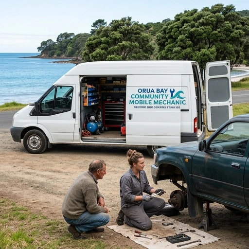 Rural road in Ōrua Bay with a mobile mechanic van parked beside a car