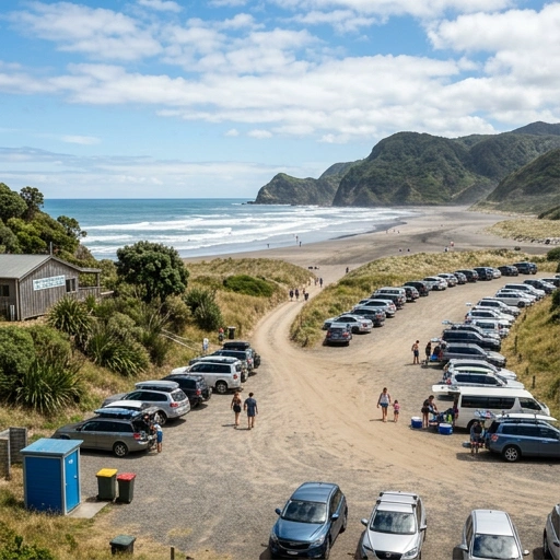 Car parked at a beach car park in Port Waikato near the surf and river mouth