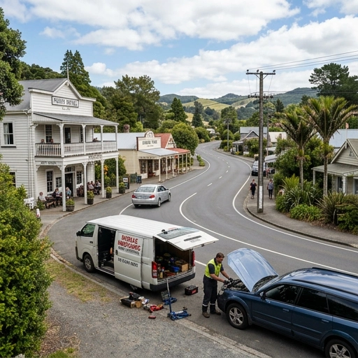 Car parked on a quiet Puhoi village street with mobile mechanic tools nearby