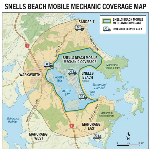 Map showing mobile mechanic service coverage from Auckland to Snells Beach and surrounding areas