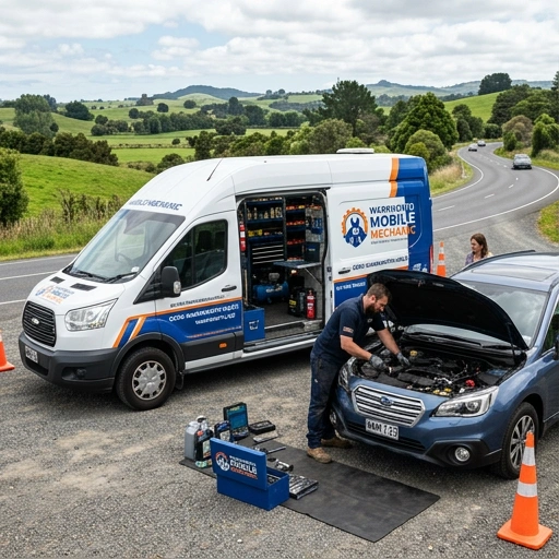 Mobile mechanic tools and equipment neatly arranged at a Warkworth home driveway